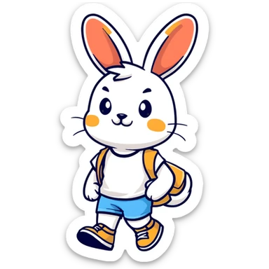 retro 1930s anthropomorphised rabbit in a t-shirt and shorts walking black and white sticker