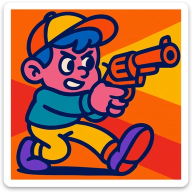 boy character with pink skin, blue hair, a hat, and a gun pointed forward, bold and playful style, vibrant colors sticker