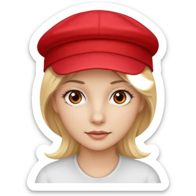 A blonde woman with light brown eyes with white skin and wearing a red cap sticker