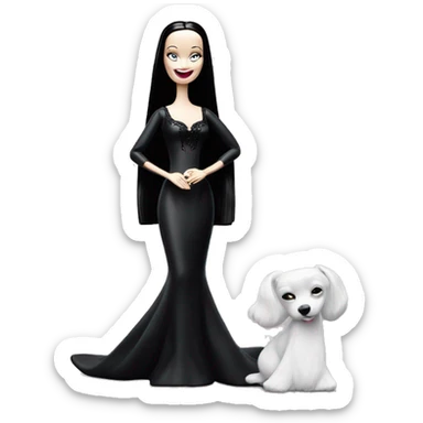 Morticia Addams Barbie at home. Smiling. Filmy nightgown . Very Pale-white porcelain skin.  sticker