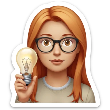 intelligent and clever, 30 year old, girl, long red and almost blond hair, glasses, has an brillant idea, light bulb over the head, casual cloth  sticker