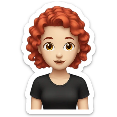 a white girl with red short wavy hair in a black T-shirt sticker