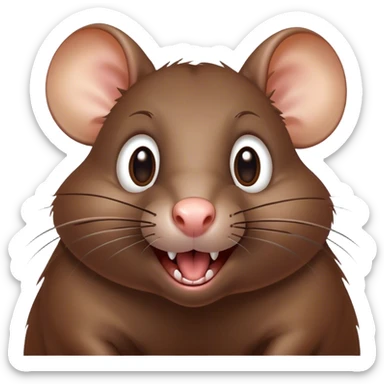 Cinematic Comical Brown Rat Portrait Emoji, Head tilted dramatically with an exaggeratedly amused expression, featuring a striking glossy brown coat with comically large whiskers and wide, expressive eyes filled with playful disbelief, Simplified yet hilariously expressive features, highly detailed, glowing with a slightly sassy glow, high shine, dramatic yet playful, stylized with an air of cheeky urban mischief, soft glowing outline, capturing the essence of a spirited and over-the-top rat that looks ready to scamper its way into internet fame instantly! sticker