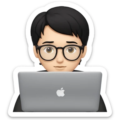 Guy with 3 inch long black hair and glasses on his laptop sticker