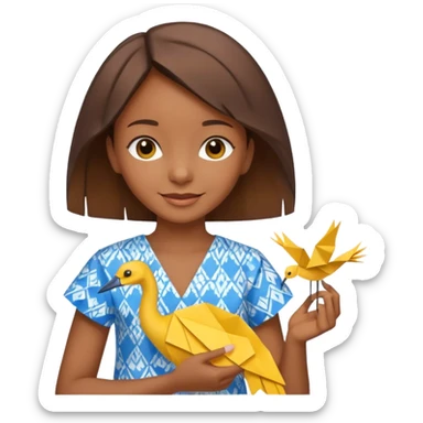 happy-african-young-girl-with-brown-hair-in-a-white-colorful-vintage-kanga-shirt-holds-an-origami-yellow-and-blue-crane sticker