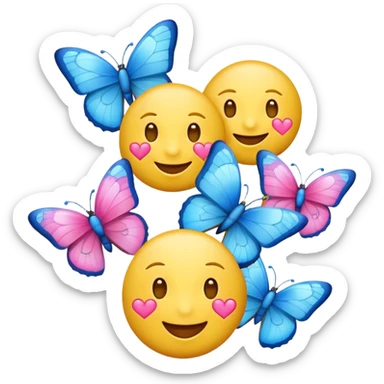 happy emoji face with pink hearts and blue butterflies around it sticker