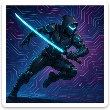 cyber ninja, futuristic armor, glowing accents, dynamic pose, digital background sticker
