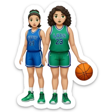 full body plus size light skin latino women basketball player with wavy dark hair large wide nose wearing blue with green uniform sticker