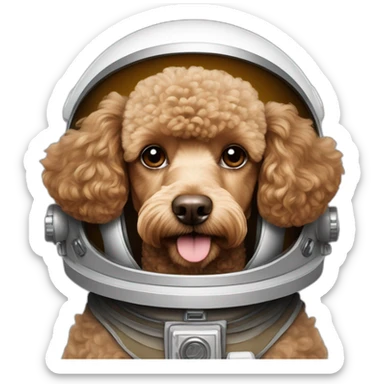 Light brown poodle with an astronaut helmet sticker