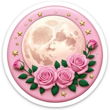 A round pink button with light cream damask lace, a full moon and stars and pink roses in the center sticker