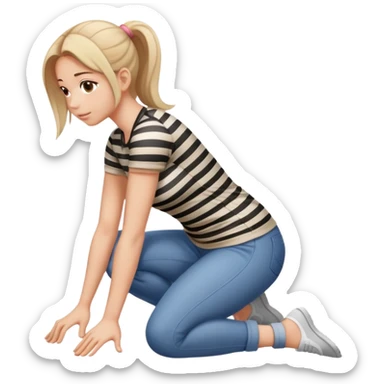 female figure in casual outfit with striped top kneeling on ground, back view sticker