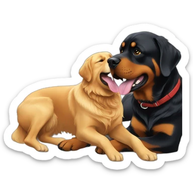 A Rottweiller playing with a golden retriever sticker