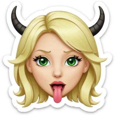Emoji femme blonde habillée en noir cheveux blond, yeux vert avec de long cils noir qui tire la langue et à des cornes  sticker