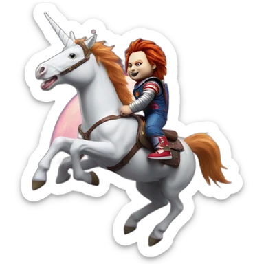 Chucky on a unicorn flying to the moon sticker