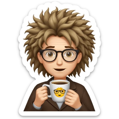 crazy programmer with wild hair, glasses, holding coffee, emoji style sticker