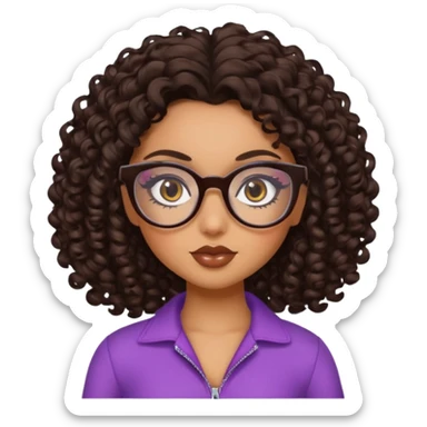 pretty bratz baddie, dark brown curly hair, brown eyes, glasses, pretty eyeliner sticker