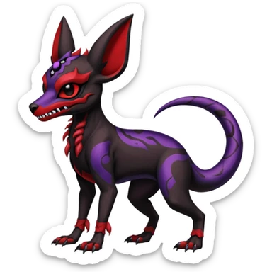 Gothic Black red purple Scaley Exotic Salandit-Umbreon-Houndoom-Fakémon-hybrid-creature (full body), 4 legs, skull face mask sticker
