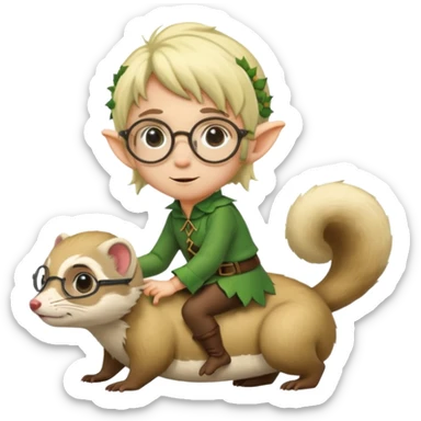 tiny forest elf blode hair with round glasses riding a ferret sticker