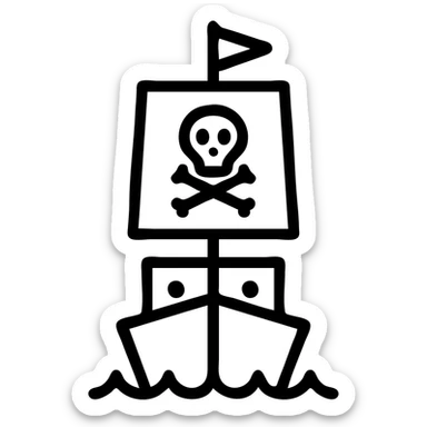pirate ship, bold outlined icon, black lines, no fill, minimalistic sticker