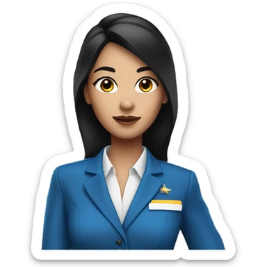 Flight attendant with long black hair, white skin and a blue uniform sticker