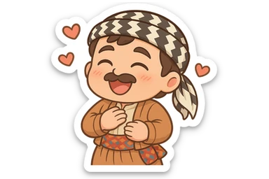 Create a chibi Kurdish cartoon sticker based on the reference image, showing a loving (heart/affection) expression, with a transparent background. sticker