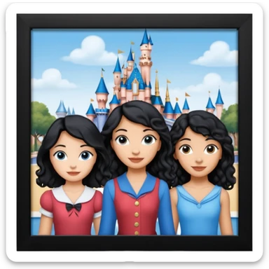escribe el nombre Disneyland Paris y para titulo, pon a quatro chicas: una pelo corto negro, una pelo rizado largo, una pelo largo liso y la otra pelo ondulado mediano, esta con el ojos azules. Haz un cuadrado rectangular grande y por los lados pon a las chicas que te he descrito sticker