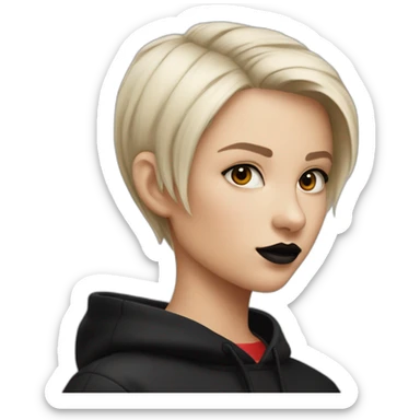 Tiny White girl lightly tanned with very short black dye haircut black eyes and black hair wearing black messa hoodie like alyx Vance and red lipstick  sticker