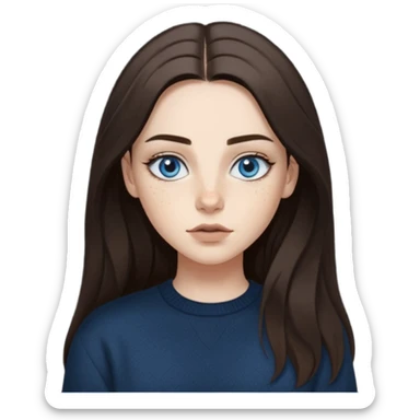 Сделай девушку с голубыми глазами, веснушками, с длинными тёмными волосами, пробором на бок, помадой темно - бежевой. Брови густые. Одежда - кофта чёрная sticker
