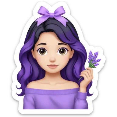 Girl with black wavy long hair and a lavender ribbon hair clip beside it make it look like wearing a lavender off shoulder sweater  sticker