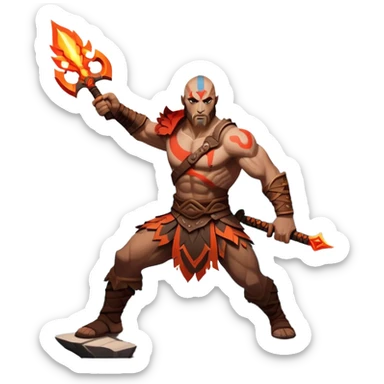 An icon showing a powerful warrior wielding a weapon, inspired by God of War: Ragnarok. The design captures the character’s strength, with dynamic motion lines. A fiery, mythological background with mountains and ruins enhances the epic atmosphere. Transparent background. sticker