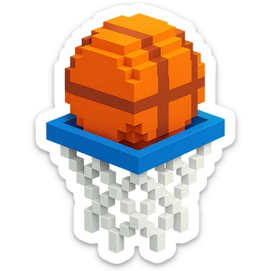 A voxel-style basketball in a net, detailed and intricate sticker