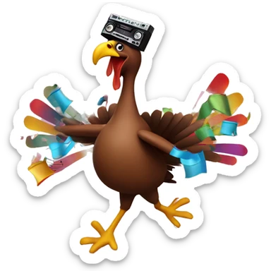 Dancing turkey with a boombox and music notes around it with confetti sticker