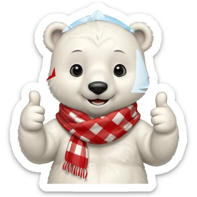 baby Polar Bear, smiling, thumbs up, wearing red Checkered Triangle scarf sticker