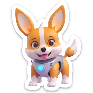 cute dog robot with pointy corgi-like ears, soft rounded body, glowy eyes and joints, friendly futuristic vibe, playful, slightly cartoonish, colorful with glowy accents, highly expressive face and posture, reaction angry sticker