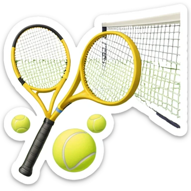 A tennis racket and a ball placed on a grassy court, with the net visible in the background. The scene captures the elegance and energy of the sport, with a vibrant green court and soft sunlight highlighting the equipment. sticker