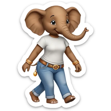 female anthropomorphised elephant in jeans and t-shirt, walking upright, wearing bangles and earrings sticker