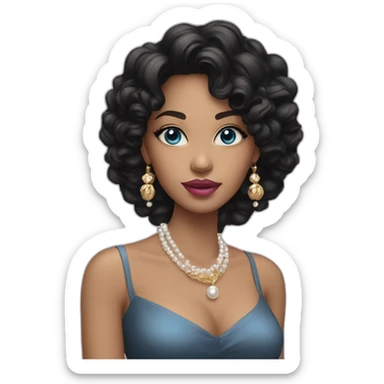A woman with blue eyes, pink lips, long black hair with curls a the end and golden earrings with pearls sticker