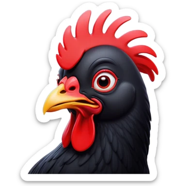 Cinematic Comical Black Chicken Portrait Emoji, Head tilted dramatically with an exaggeratedly amused expression, featuring a sleek, glossy black plumage with a bold red comb, wide, expressive beady eyes filled with playful disbelief, Simplified yet hilariously expressive features, highly detailed, glowing with a slightly sassy glow, high shine, dramatic yet playful, stylized with an air of cheeky mischief, bright and endearing, soft glowing outline, capturing the essence of a spirited and over-the-top chicken, so meme-worthy it feels like it could cluck its way into internet fame instantly! sticker