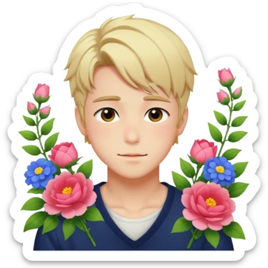 Gorgeous bright sparkly romantic anime style guy with blushing face and flowers aesthetic trending style outside sticker