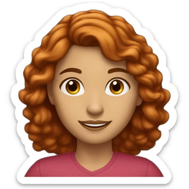 mujer con pelo pelirrojo, ondulado largo y hasta el pecho, con ojos marrones verdosos y muy sonriente con una mano levantada sticker