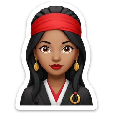 30-year-old Black woman, lawyer, long black hair, red headband, strong and sharp, wearing small round earrings sticker