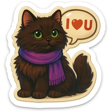 Fluffy dark-brown cat with green eyes and a purple scarf saying ‘I ♡ U’ (with a speech bubble) sticker