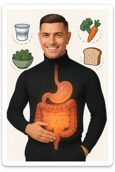 a fit, smiling man stands confidently with one hand on his abdomen. A transparent overlay reveals a healthy, detailed digestive tract with a glowing, vibrant intestine. Around him, icons of healthy foods like yogurt, vegetables, and whole grains float, symbolizing good gut health. The background is clean and bright, with an educational mood. sticker