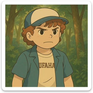 Maintain Dustin with a determined expression, simple and delicate line art as in the reference drawing, colored in pastel tones, with thick and dark outlines, in Ghibli style, 1:1 format, forest background. sticker