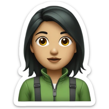 South Asian girl who wears green jacket and has a black hair, with a tiny black mark on her right cheek, closer to nose sticker