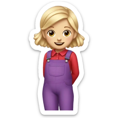 A little blonde girl with pigtails and little purple bows wearing a red long-sleeved shirt and purple overalls with blue tights with green polka dots and purple sneakers. sticker