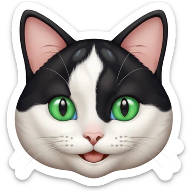 tricky black and white cat, blue and green eyes, smiling sticker