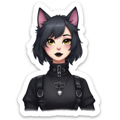 Gorgeous furry gothic dark techwear anime style anthro black cat fursona with blushing face aesthetic and pretty edgy black with collar and harness trending style sticker