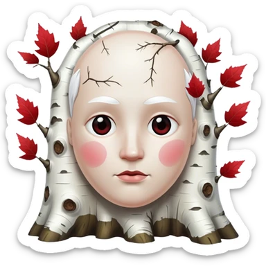 angry big white head made of birch tree with lack marks and red leaves sticker