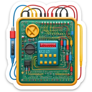 An icon featuring circuit boards, glowing wires, and a multimeter, symbolizing electrical engineering. The design includes voltage symbols and electric currents flowing through components, representing the study and application of electricity. Transparent background sticker